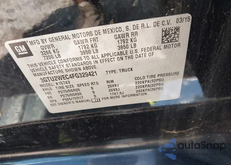 2015 GMC Sierra 1500 Denali z USA, uszkodzony, nr VIN 3GTU2WEC4FG329421